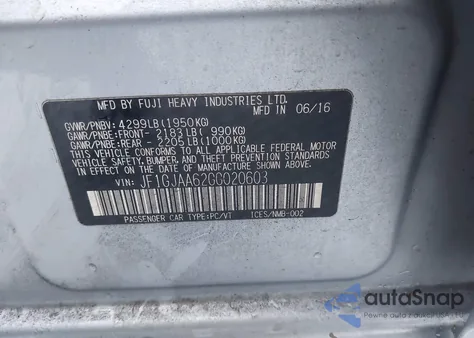 2016 Subaru Impreza 2.0I from USA, damaged, VIN JF1GJAA62GG020603